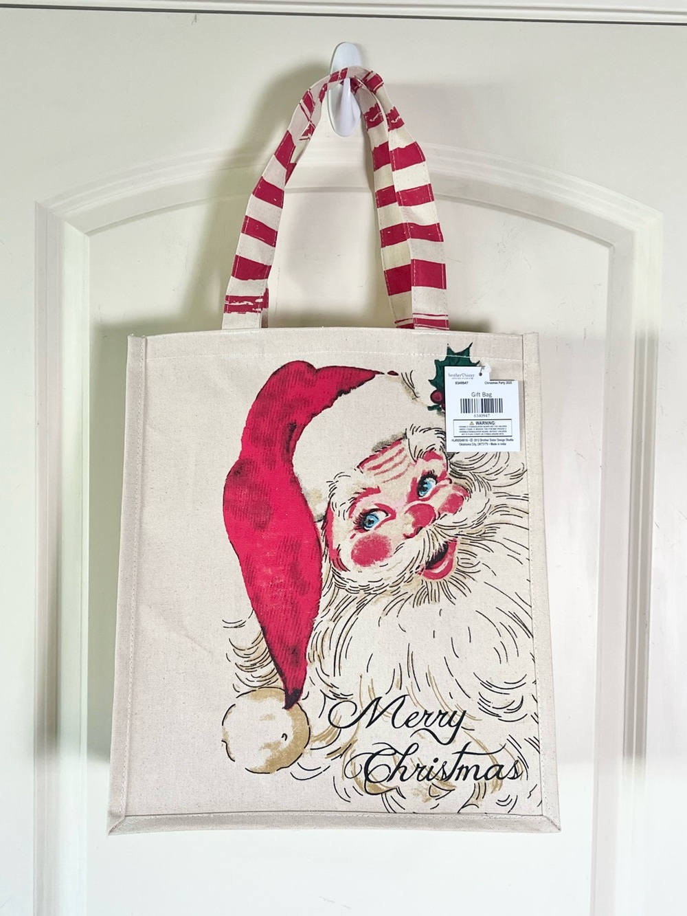 NWT Hobby Lobby Vintage Santa Canvas Tote Bag Christmas Candy Cane Stripe Handle